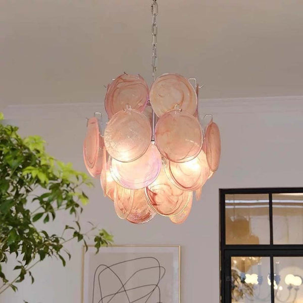 Modern Murano Glass Disc Chandelier, Pink/White