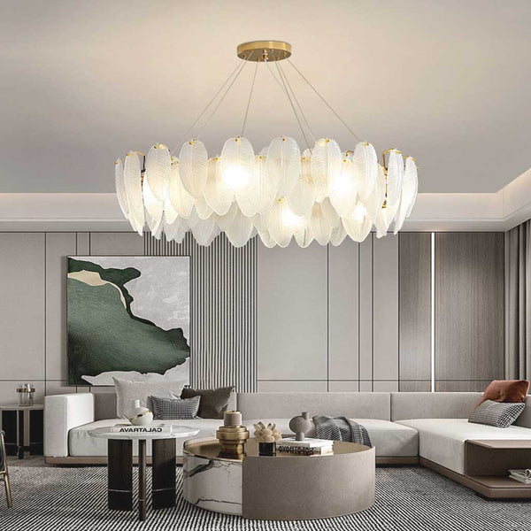 Chandelier Luxury Glass Feather Round / Rectangular, Gold&White
