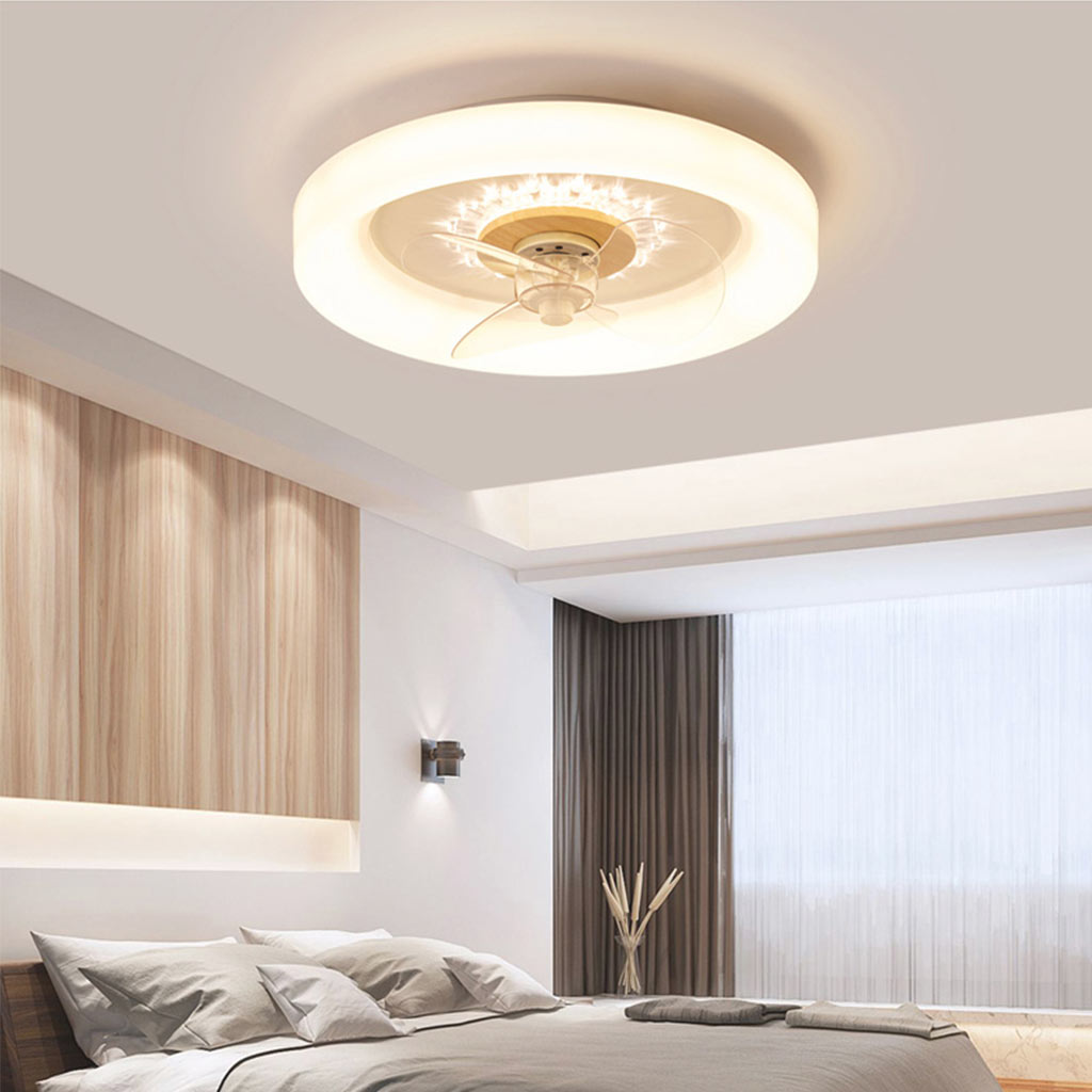 Ceiling Fan Light Fandelier Nordic 3 Blade Flush Mount for Bedroom, Wood & Acrylic