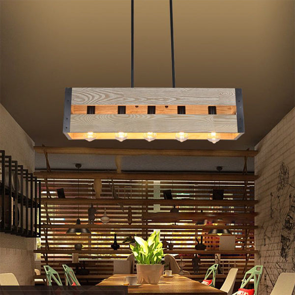 Silva Retro Rectangular Metal & Wood Pendant Light, 5 Heads, 2 Style