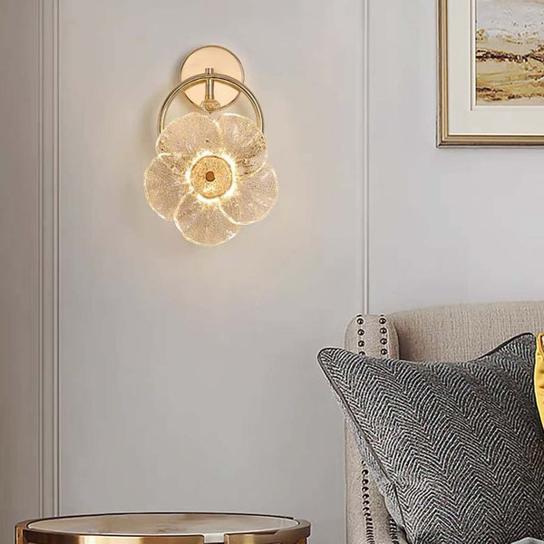 Glass Flower Wall Light Luxury LED for Bedside, Gold