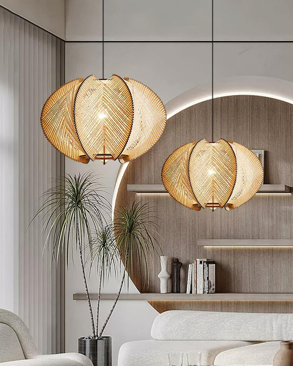 Vanto Pendant Light with Fabric Shade, Wooden Frame, and Wire Detail