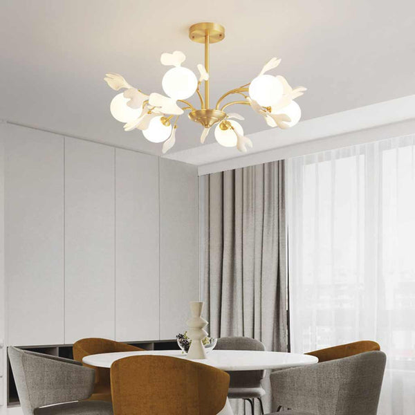Chandelier Brass Glass Ball Ceramic Ginkgo Leaves