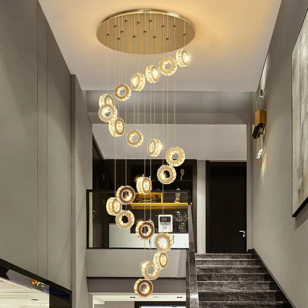 Gold Crystal Spiral Chandelier for Staircase Foyer