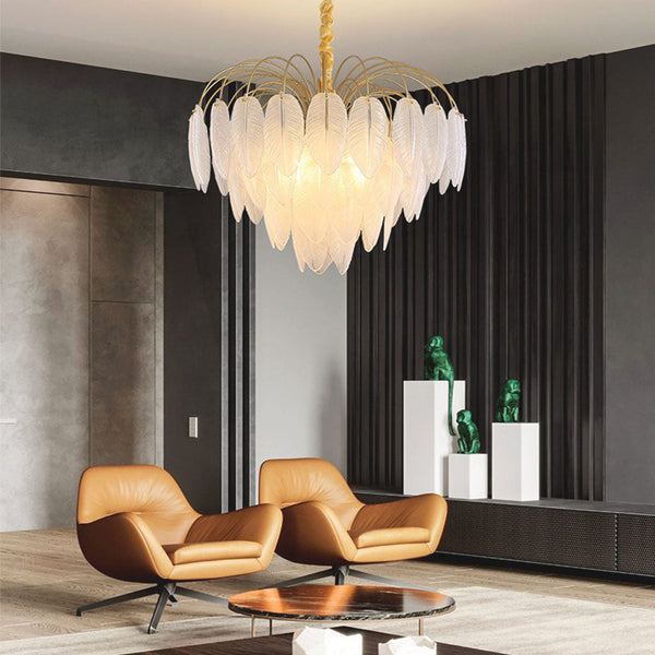 Chandelier Modern Arch Glass Feather, Gold & White