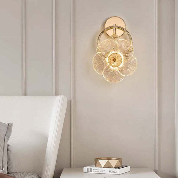 Glass Flower Wall Light Luxury LED for Bedside, Gold