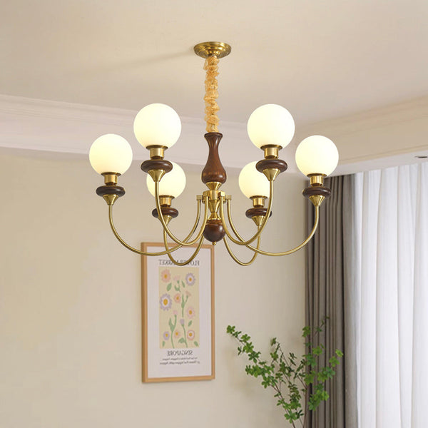 Chandelier French Mid-Century Wood Glass Ball, 2 Colors