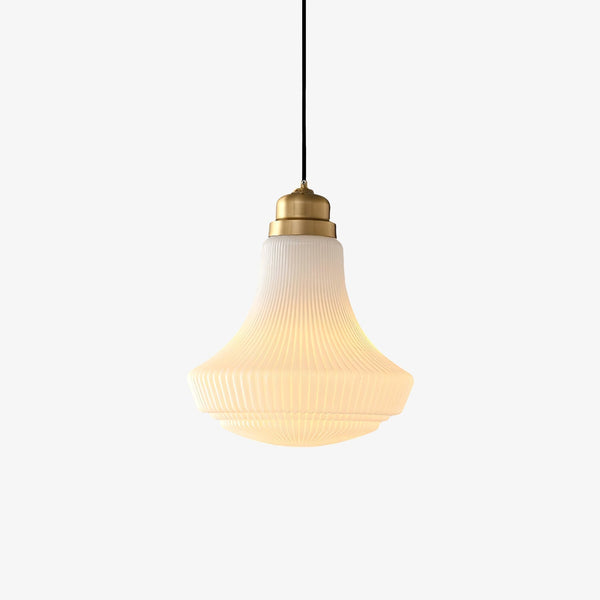 Duo Pendant Lamp Opal Glass Ribbed Bell Brass Vintage