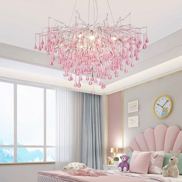 Chandelier Crystal Glass Branch Raindrop for Girls Room, Pink/Blue