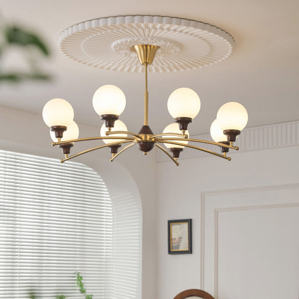 Chandelier White Glass Globe French Country Farmhouse, Chrome / Gold