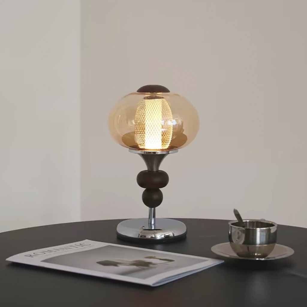 Amber Glass Table Lamp Vintage Globe Walnut Wood