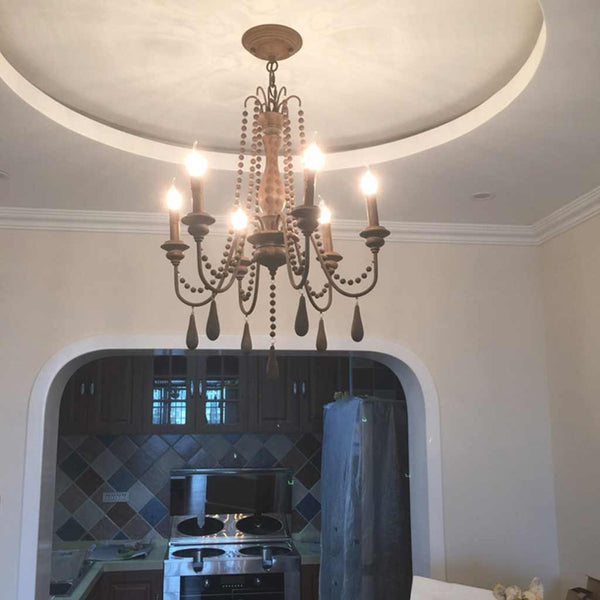 Chandelier Vintage Wood Iron Bead Candle with Tassel