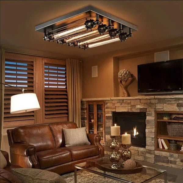 Austin Vintage Tubed Metal Flush Mount Ceiling Light, Black, Living Room