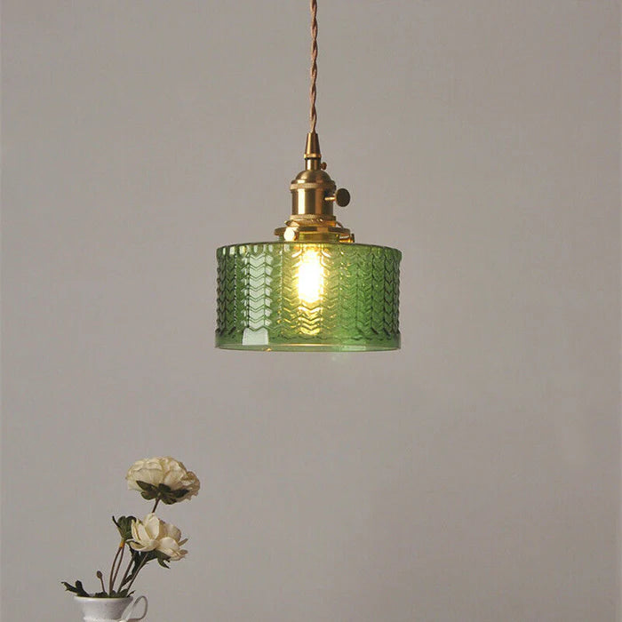 Vintage Green Brass and Glass Pendant Light