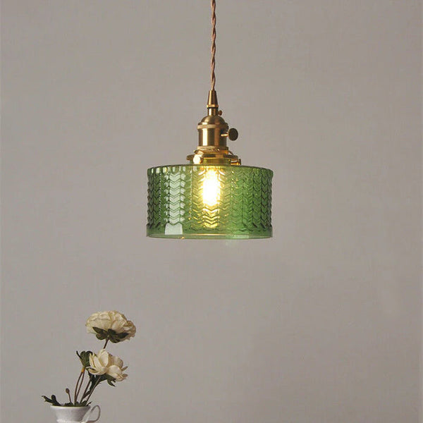 Vintage Green Brass and Glass Pendant Light
