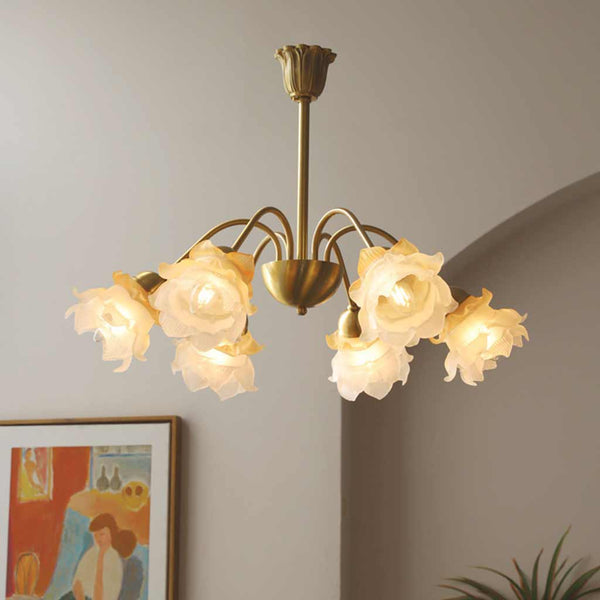 Chandelier French Vintage Brass Glass Flower
