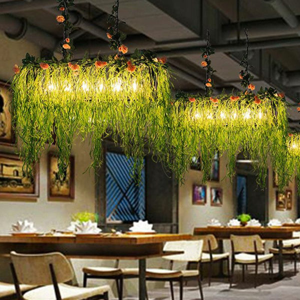 Industrial Pendant Light with LEDs and Greenery for Restaurant