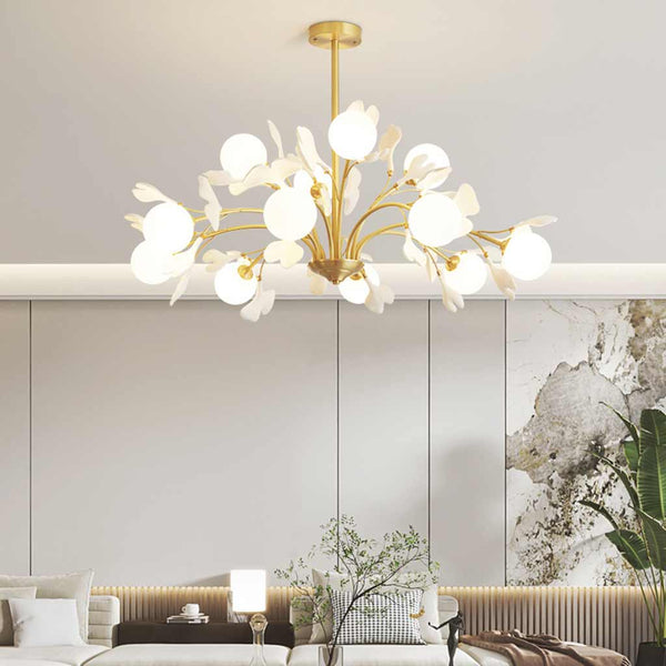 Chandelier Brass Glass Ball Ceramic Ginkgo Leaves