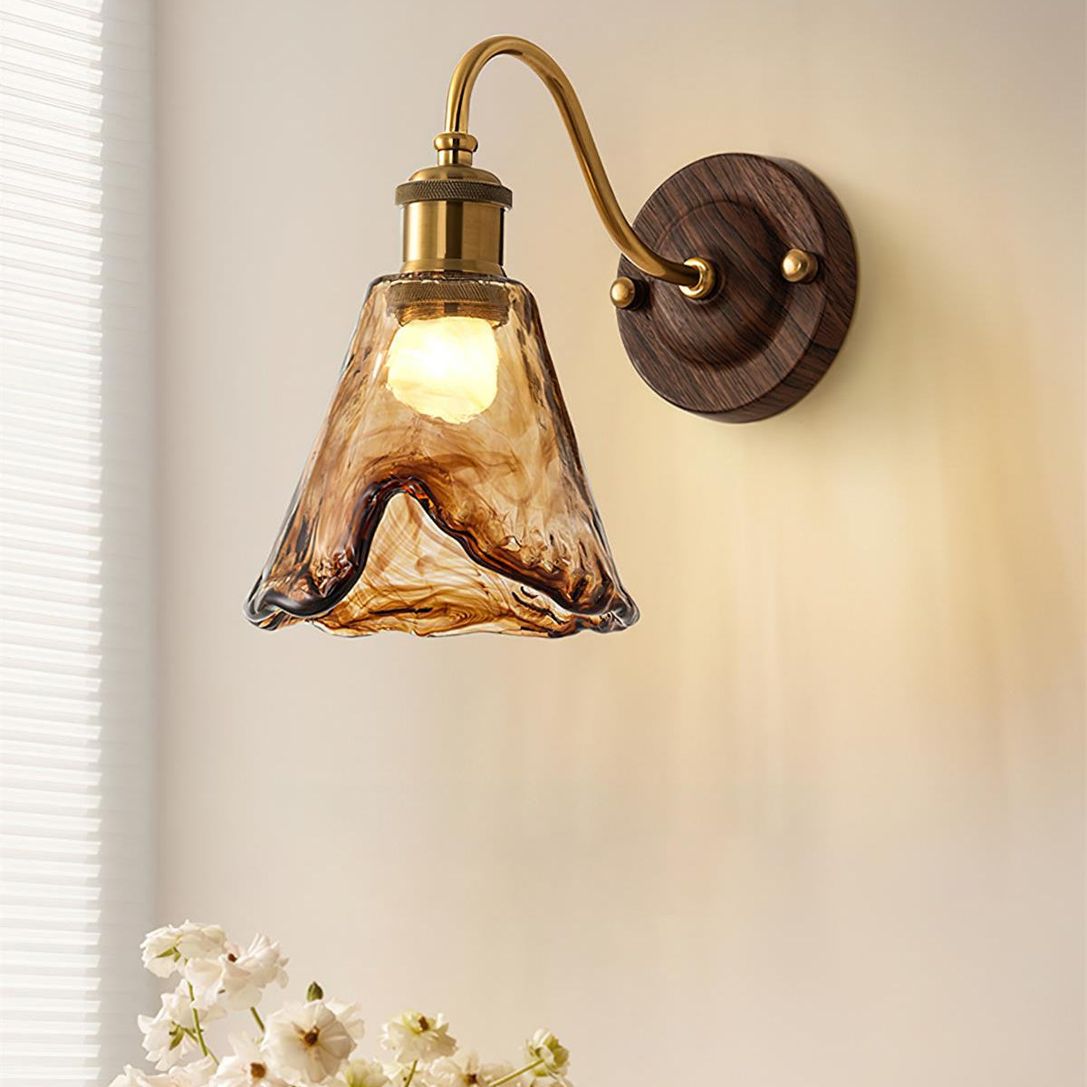 Nalia Wall Lamp Amber Glass Walnut Gold Vintage