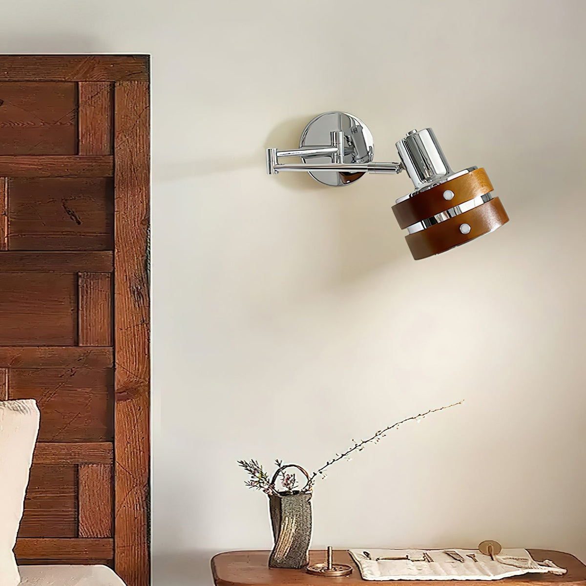 Wall Lamp Metal & Wood Barrel Shade Adjustable Mid-Century
