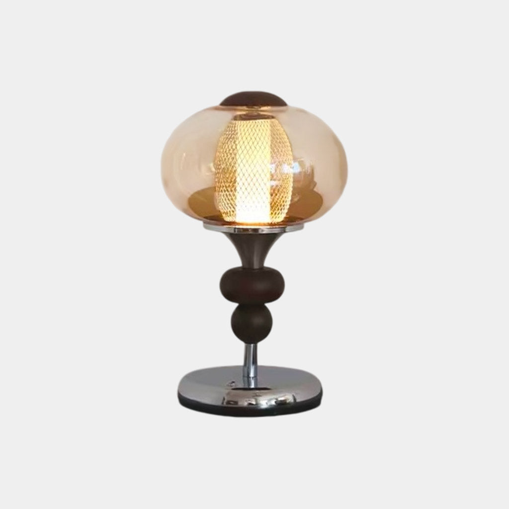Amber Glass Table Lamp Vintage Globe Walnut Wood