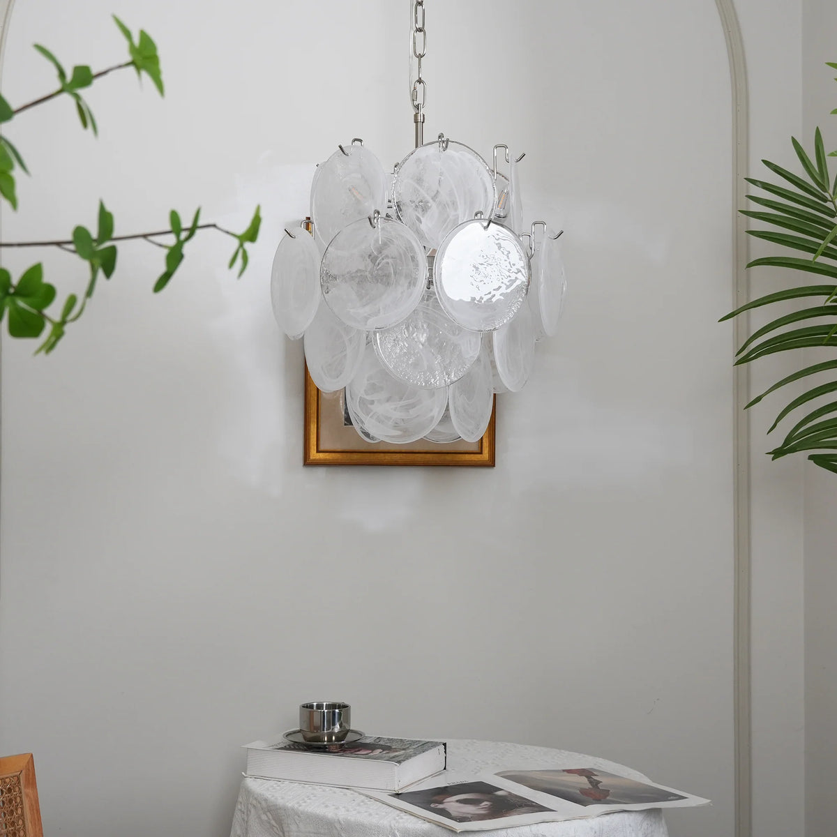 Vintage Murano White Glass Disks Chandelier