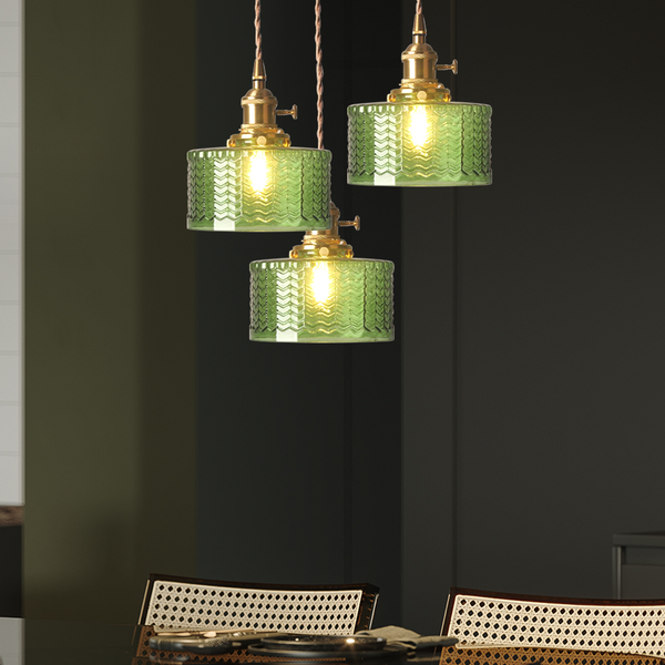 Vintage Green Brass and Glass Pendant Light