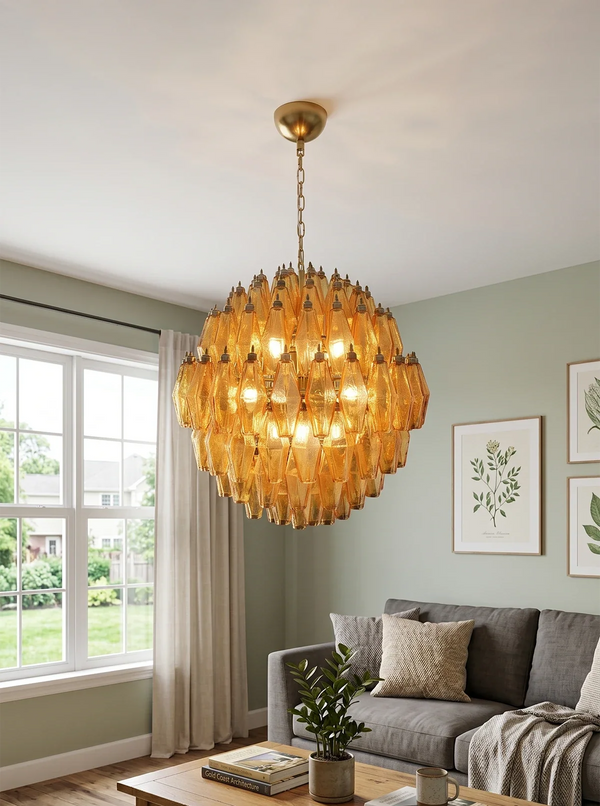 Spherical Murano Poliedri Amber Glass Chandelier