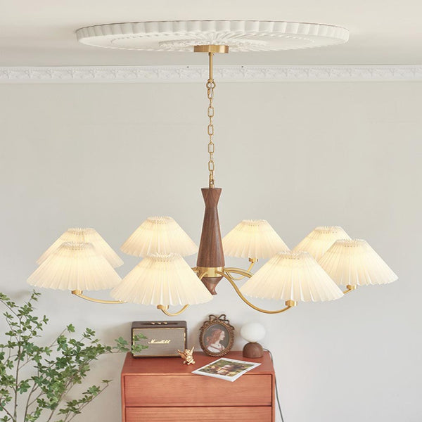 Chandelier Japandi Brass Walnut Fabric Pleated Shade