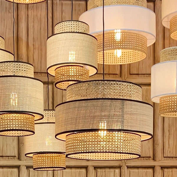 Ritta Wabi Sabi Tri-Layer Cylindrical Rattan/Metal Pendant Light, Wooden