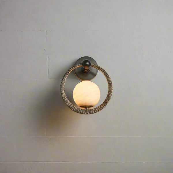 Alabaster Globe & Forged Iron Ring Wall Sconce | CLAFGSC099